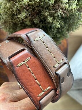 Fossil Patchwork Genuine Leather Belt Multicolored Brass Buckle Unique Cowboy M